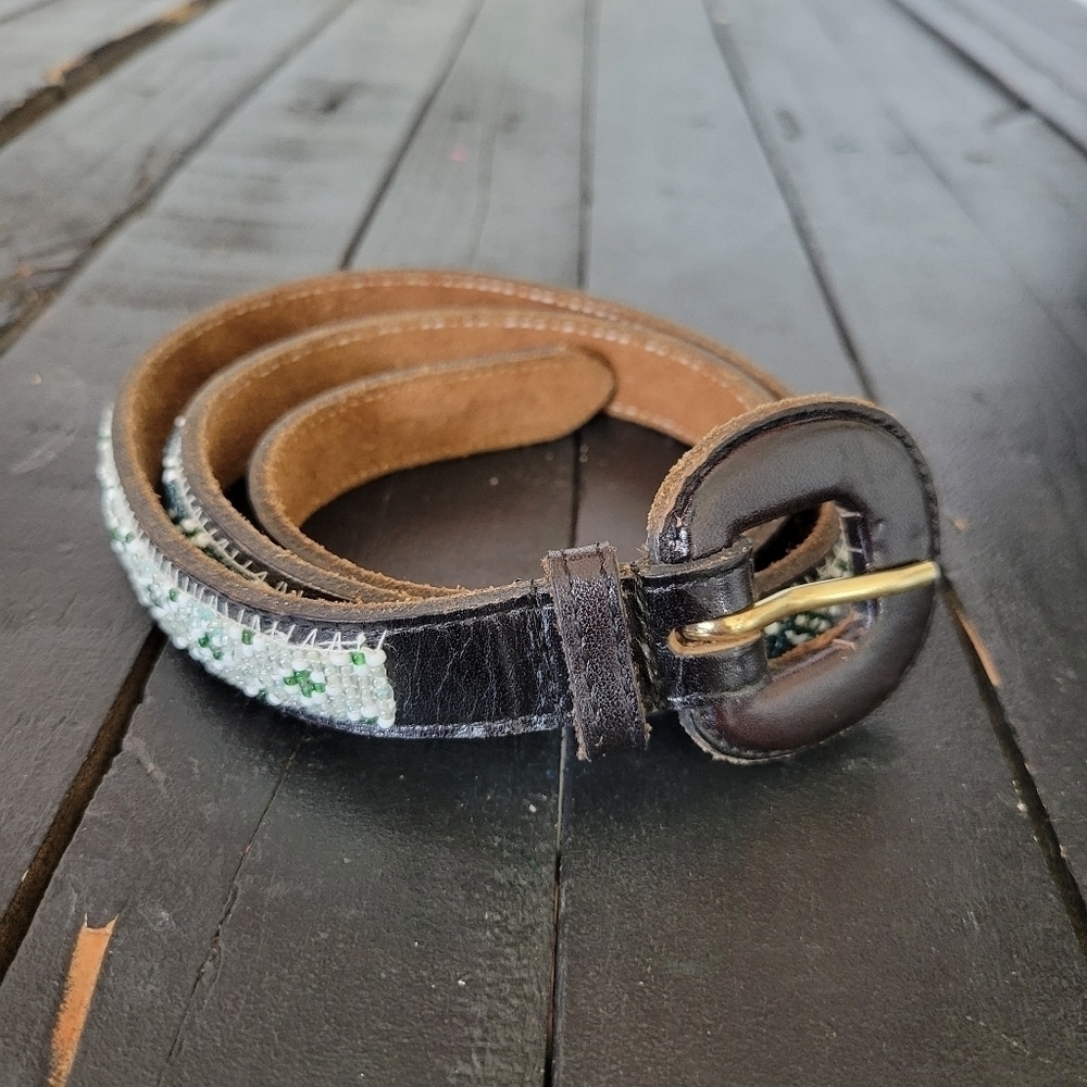 Black Genuine Leather Belt Beaded Accent White Silver Blue Green Women's 36"